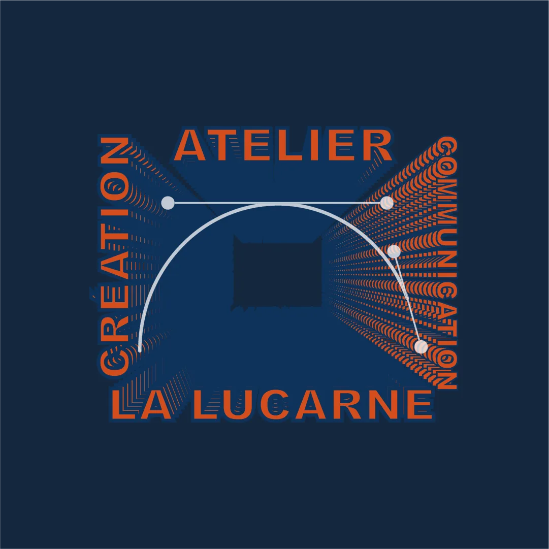 Affiche typographique en perspective : les mots Innove, Design, Iterate et Create forment un tunnel blanc sur fond bleu nuit, ponctué de croix rouille.