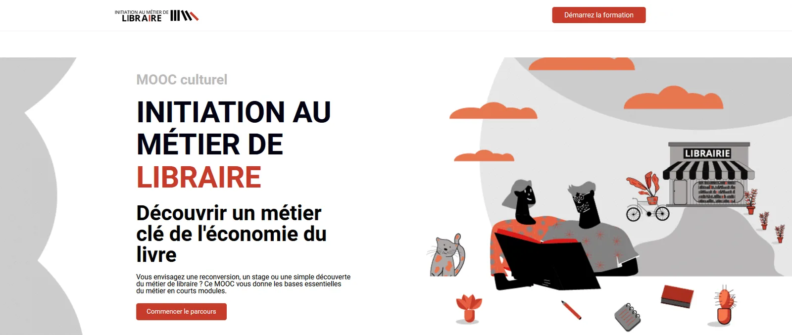 Page d'accueil du site Initiation au métier de libraire : titre du MOOC et illustration de deux lecteurs devant une librairie.