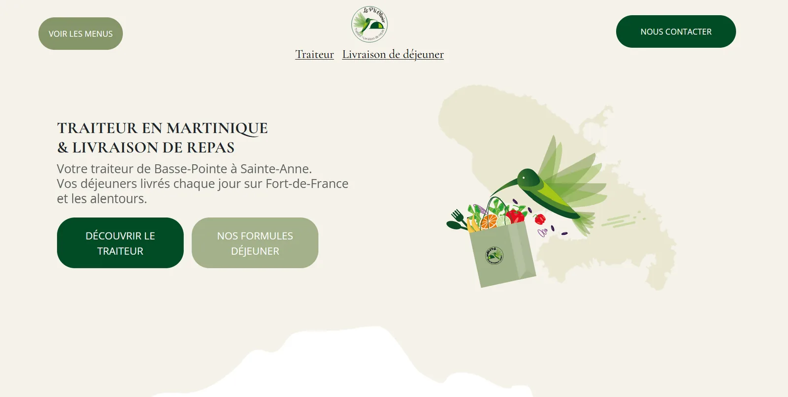 Page d'accueil du site Le P'ti Olivier, traiteur en Martinique : un colibri et un sac de courses illustrés sur la carte de l'île.