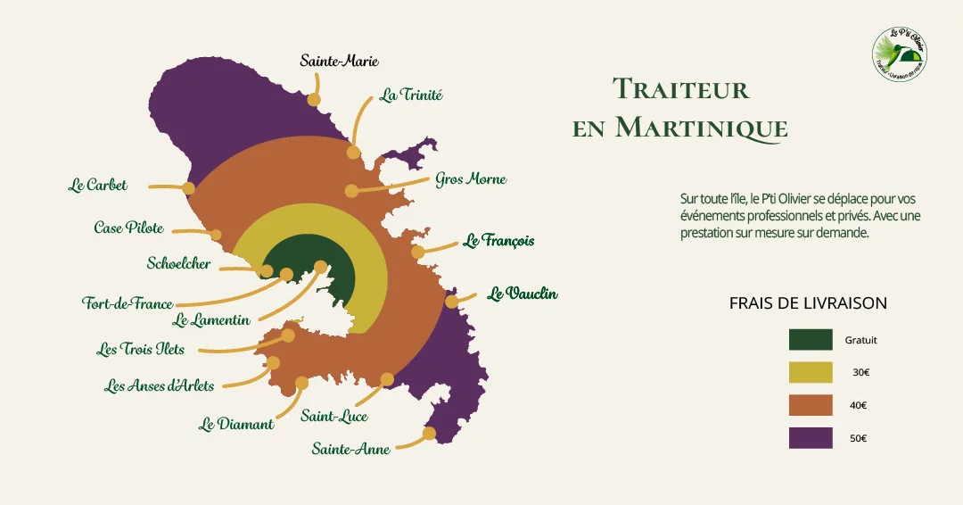 Carte illustrée de la Martinique au format paysage pour Le P'ti Olivier : les frais de livraison du traiteur par zones de couleur.