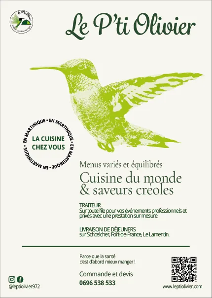 Flyer du traiteur Le P'ti Olivier en Martinique : un colibri vert, « Cuisine du monde et saveurs créoles », offres traiteur et livraison de déjeuners.